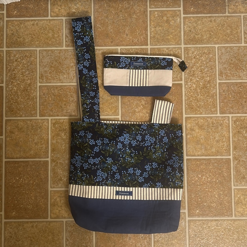 Dunsinane Blue Floral Print/Cream Black Stripe Reversible Unique Tote Bag Pouch